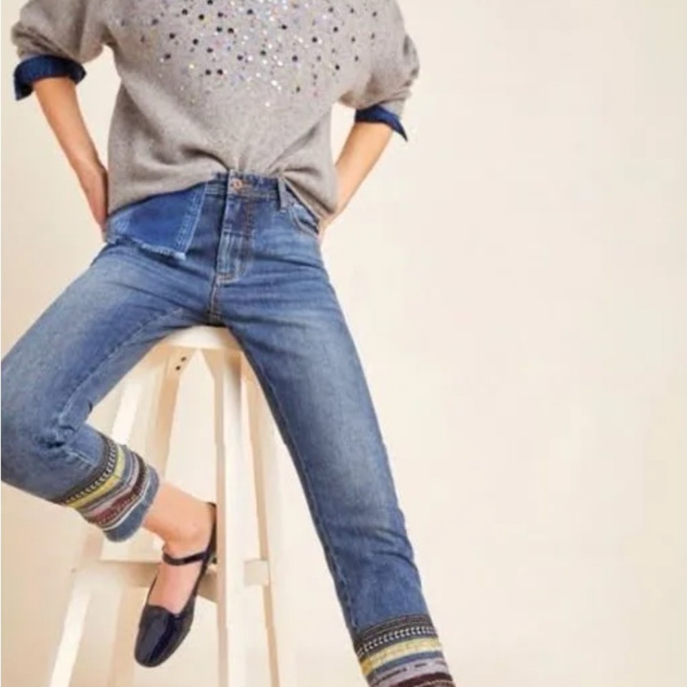 Women's Blue Jeans with Embroidered Hem